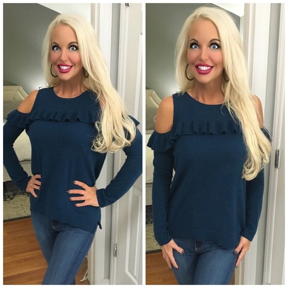 Sweaters - ❤️LAST 1! Teal Cold Shoulder Ruffled  Sweater